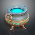 Ornate Cauldron Shaped Sculpture With Blue Interior Ring Handle And Carved Patterns
