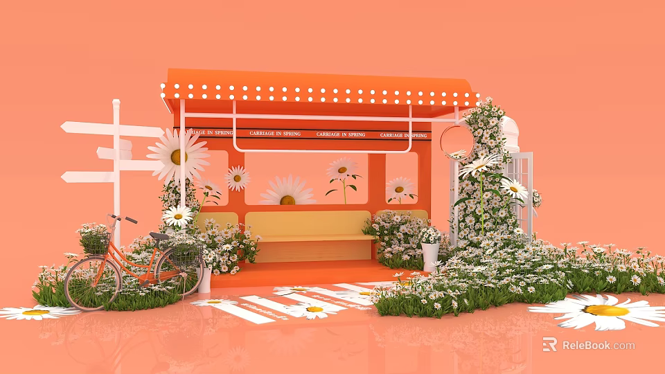 Vibrant Outdoor Seating Area With Orange Awning Bench Daisies Bicycle And White Floral Decorations 3d model 