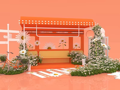 Vibrant Outdoor Seating Area With Orange Awning Bench Daisies Bicycle And White Floral Decorations 3d model