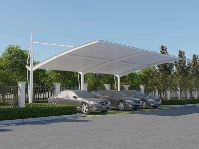 Modern White Carport Canopy Structure Covering Multiple Cars In Outdoor Parking Area With Green Trees 3d model