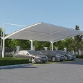 Modern White Carport Canopy Structure Covering Multiple Cars In Outdoor Parking Area With Green Trees