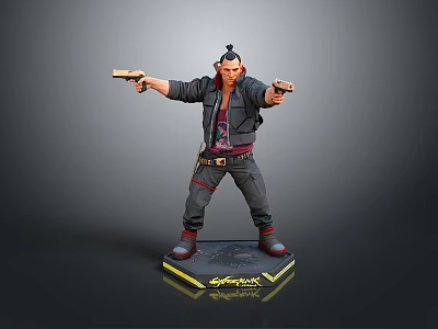 Cyberpunk Themed Action Figure Posing With Dual Guns On Display Base 3d model