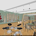 Kindergarten Interior with Green Walls Wooden Floors Curved Desk Tables Chairs and Decorative Paintings