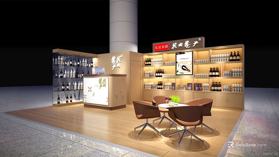 Beverage Retail Shop Interior With Display Shelves Bottles Counter And Seating Area 3d model 