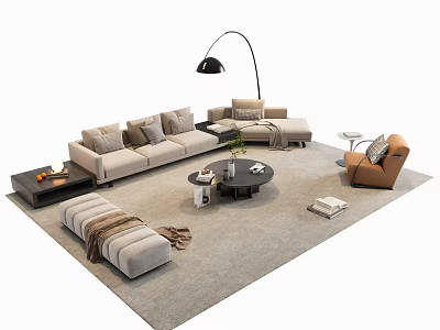Beige L Shaped Sofa With Coffee Table Set Floor Lamp And Armchair 3d model