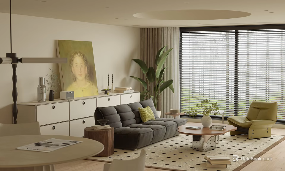 Modern Living Room Interior Design With Gray Sofa Yellow Cushions Oil Painting And Window Blinds 3d model 