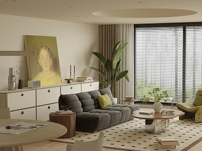 Modern Living Room Interior Design With Gray Sofa Yellow Cushions Oil Painting And Window Blinds 3d model