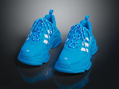 Blue Modern Lace Up Sneakers With Thick Sole And White Stripes Sporty Design 3d model
