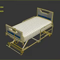 Medical Bed With White Frame Blue Stripes And Movable Wheels For Hospital Use
