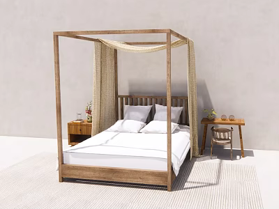 Natural Wooden Four Poster Double Bed With Linen Canopy Bedside Table And Chair 3d model