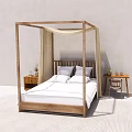 Natural Wooden Four Poster Double Bed With Linen Canopy Bedside Table And Chair
