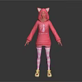 Anime Character In Pink Cat Ears Hoodie With Sweet Cat Print And Checkered Stockings