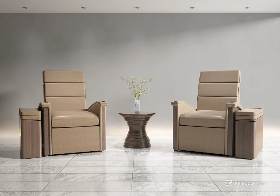 Beige Massage Chairs With Side Cabinets Round Table Plant Gray Wall Marble Floor 3d model 