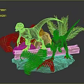 Two Dinosaurs Standing On Log With Ferns And Rocks In Prehistoric Scene