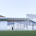 Modern Glass Building With Sloped Roof Lawn Front And Sculpture Outdoor View