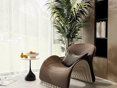 Modern Curved Accent Chair In Living Room With Large Potted Plant And Small Side Table 3d model