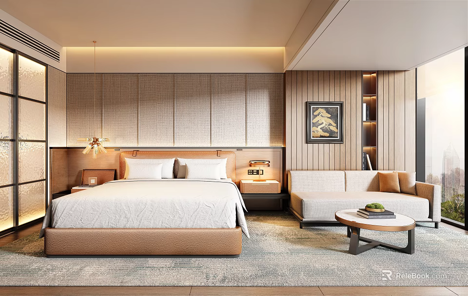 Modern Hotel Guest Room With Woven Wall Panel Large Bed Sofa Area And Coffee Table 3d model 