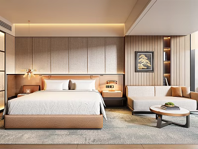 Modern Hotel Guest Room With Woven Wall Panel Large Bed Sofa Area And Coffee Table 3d model
