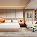 Modern Hotel Guest Room With Woven Wall Panel Large Bed Sofa Area And Coffee Table
