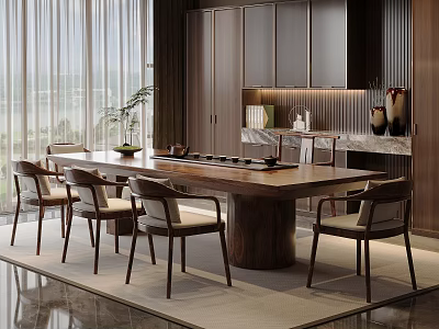 Elegant Modern Tea Room Interior With Long Wooden Table Chairs Plants Cabinets And Scenic View 3d model