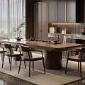Elegant Modern Tea Room Interior With Long Wooden Table Chairs Plants Cabinets And Scenic View