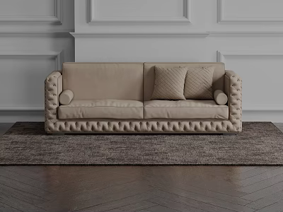 Beige Two-Seater Sofa With Cushions And Wavy Detailing On Dark Rug Against White Wall 3d model