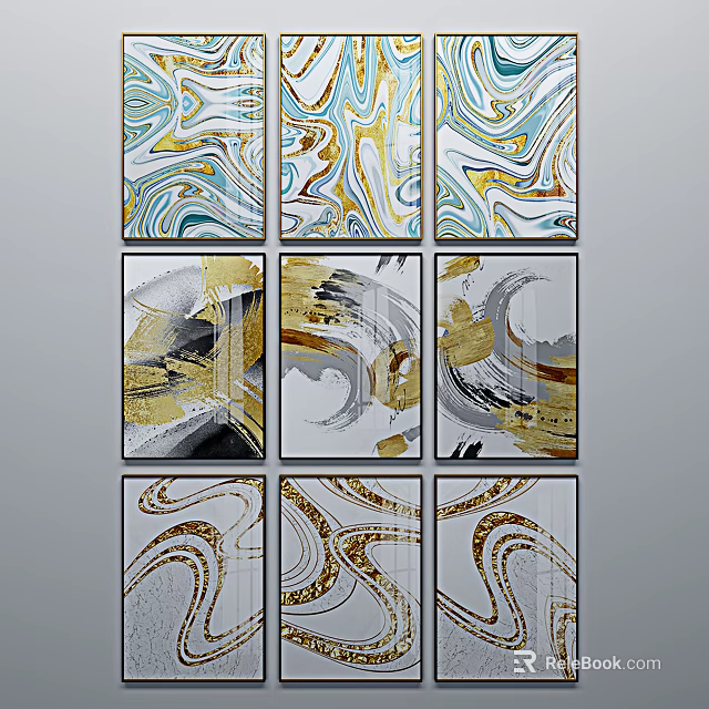 Modern Abstract Paintings With Gold Blue Fluid Lines And Marble Textures 3d model 