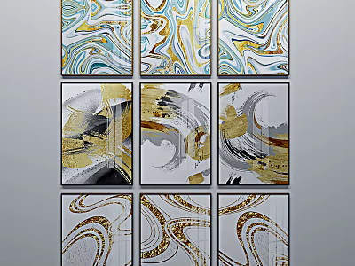 Modern Abstract Paintings With Gold Blue Fluid Lines And Marble Textures 3d model