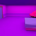 Vibrant Purple Bedroom Interior With Pink Bed Red Chair And Purple Walls