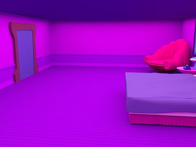 Vibrant Purple Bedroom Interior With Pink Bed Red Chair And Purple Walls 3d model
