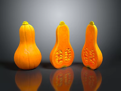 Three Shiny Orange Pumpkins Whole And Sliced Displaying Seeds As Household Items With Reflection 3d model