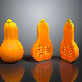 Three Shiny Orange Pumpkins Whole And Sliced Displaying Seeds As Household Items With Reflection