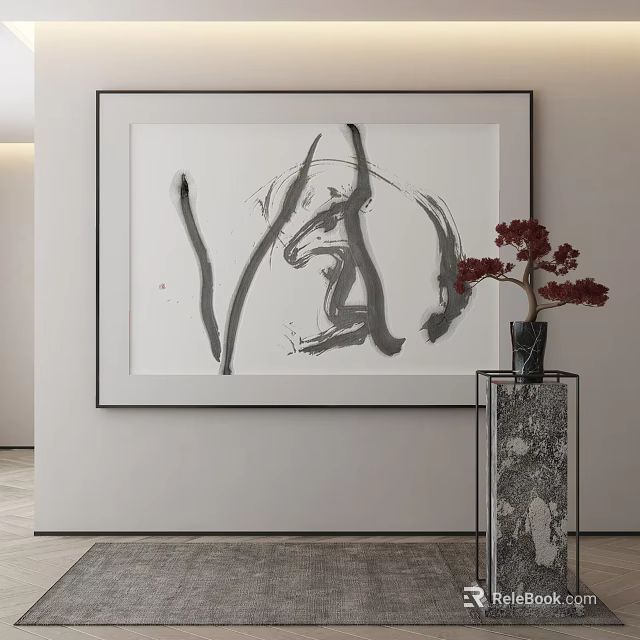 Black And White Abstract Painting On Wall With Red Flowers In Vase On Marble Base 3d model 