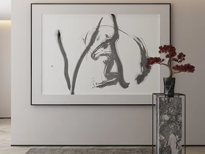 Black And White Abstract Painting On Wall With Red Flowers In Vase On Marble Base 3d model
