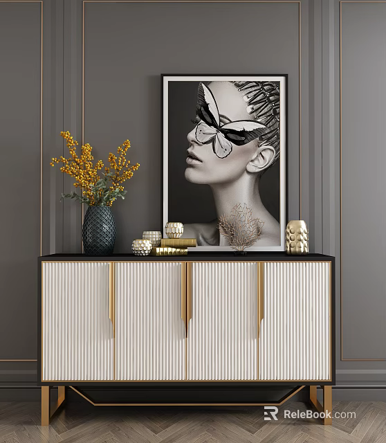 White Black Console Cabinet with Golden Handles Black Vase Yellow Flowers and Butterfly Artwork 3d model 