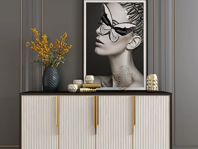 White Black Console Cabinet with Golden Handles Black Vase Yellow Flowers and Butterfly Artwork 3d model