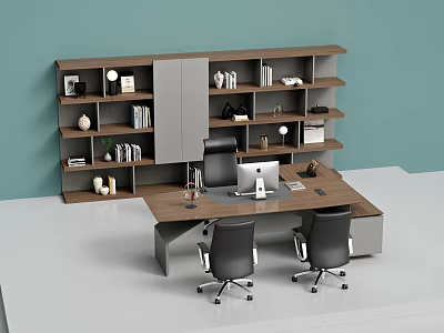Modern Office Desk With Shelving Unit Books Decorative Items And Two Black Chairs 3d model