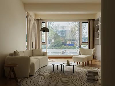 Modern Living Room with Sofa Armchair Coffee Table Area Rug Large Windows Scenic Outdoor View 3d model