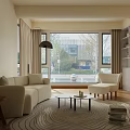 Modern Living Room with Sofa Armchair Coffee Table Area Rug Large Windows Scenic Outdoor View