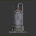 Large Industrial Metal Storage Tank With Vertical Pipes And Platform Foundation