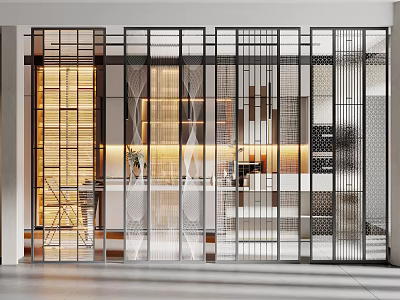 Modern Interior Room Divider With Metal Frame Geometric Patterns And Warm Lighting 3d model