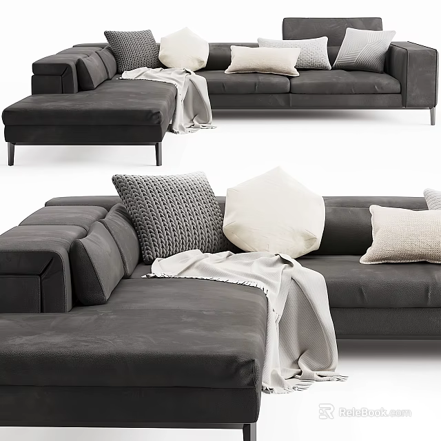 Modern Gray Upholstered Sectional Sofa With Patterned And Solid Pillows And Soft Throw Blanket 3d model 