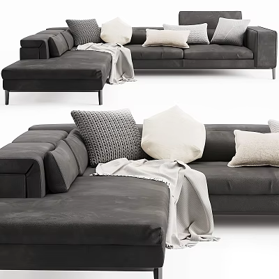 Modern Gray Upholstered Sectional Sofa With Patterned And Solid Pillows And Soft Throw Blanket 3d model