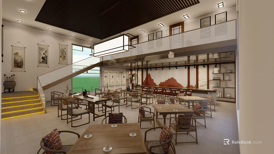 Traditional Tea House Interior With Wooden Tables Chairs Staircase Shelves And Decorative Paintings 3d model 