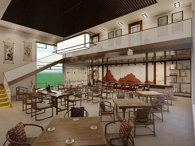 Traditional Tea House Interior With Wooden Tables Chairs Staircase Shelves And Decorative Paintings 3d model