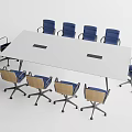 White Rectangular Conference Table With Blue Rolling Office Chairs And Black Surface Slots 3d model