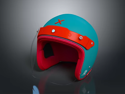 Teal And Red Helmet With Red X Logo Orange Strap Metal Buckles And Red Lining 3d model