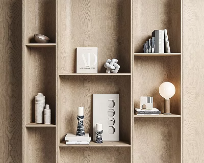 Modern Minimalist Decorative Ornament Combination On Wooden Shelves With Books Sculpture And Table Lamp 3d model