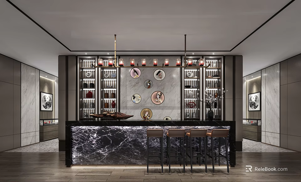Elegant Hotel Lobby Interior With Marble Counter Bar Stools Decorative Plates Wine Racks And Pendant Lights 3d model 