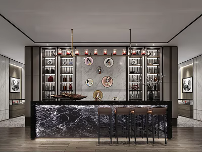 Elegant Hotel Lobby Interior With Marble Counter Bar Stools Decorative Plates Wine Racks And Pendant Lights 3d model